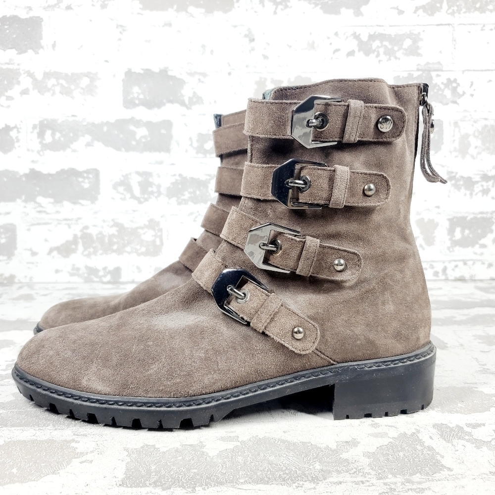 Stuart Weitzman JITTERBUG Moto Brown Suede Biker Motorcycle Boots K803